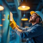 A photograph of a dynamic lighting contractor at work