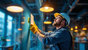 A photograph of a dynamic lighting contractor at work