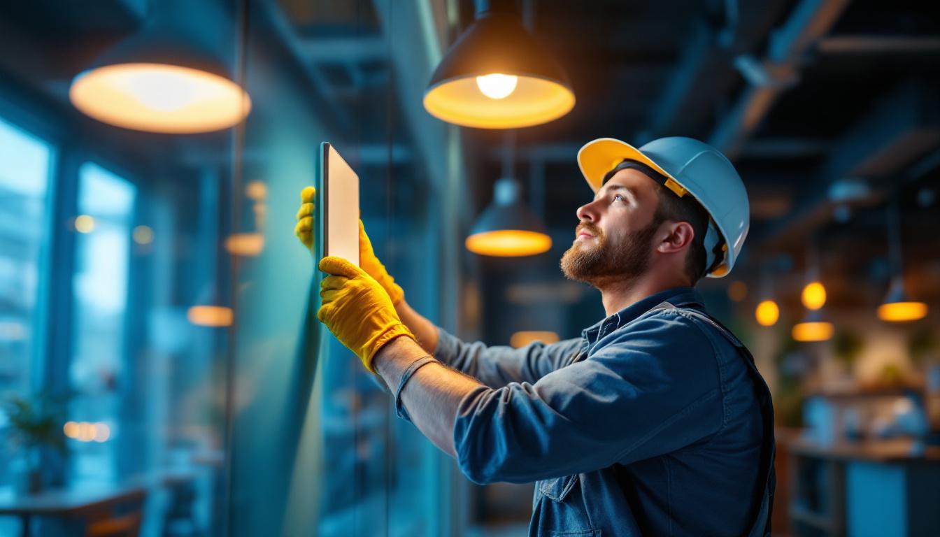 A photograph of a dynamic lighting contractor at work