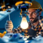 A photograph of a lighting contractor carefully replacing a tanning bed bulb