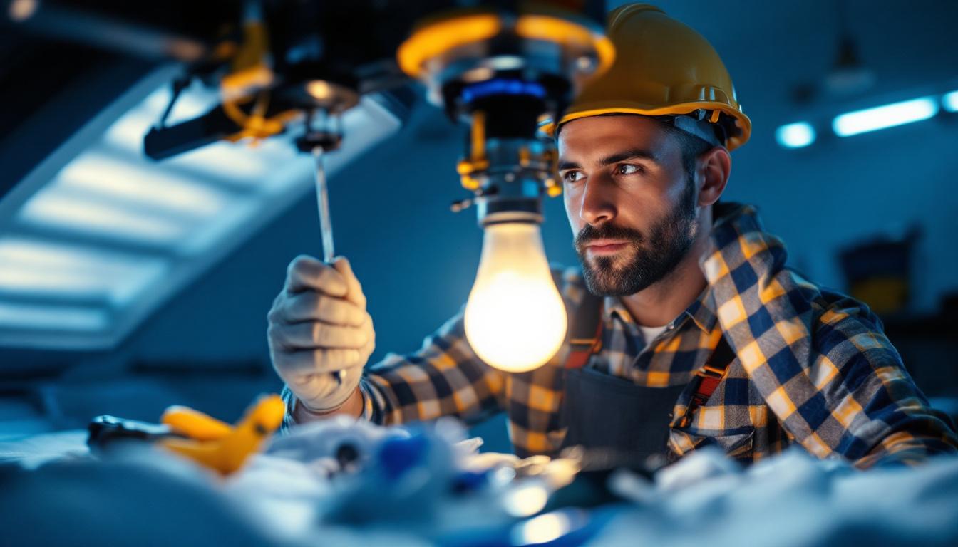 A photograph of a lighting contractor carefully replacing a tanning bed bulb