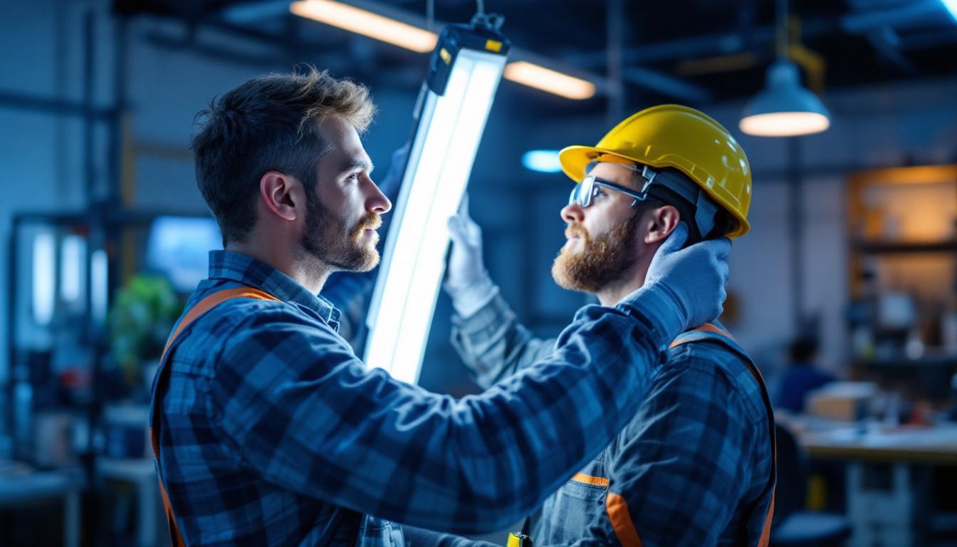 A photograph of a skilled lighting contractor expertly installing or adjusting a fluorescence lamp in a well-lit workspace