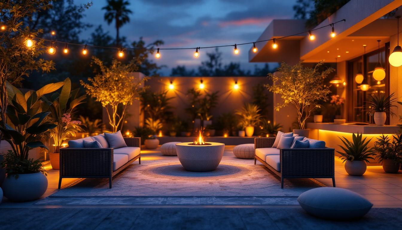 A photograph of a beautifully illuminated outdoor space featuring a variety of stylish and affordable lighting fixtures
