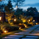 A photograph of a beautifully landscaped garden at dusk