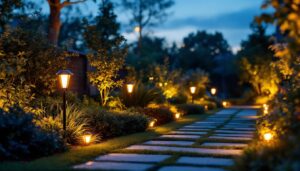 A photograph of a beautifully landscaped garden at dusk