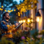 A photograph of a lighting contractor installing or inspecting solar lights in a residential or commercial outdoor setting