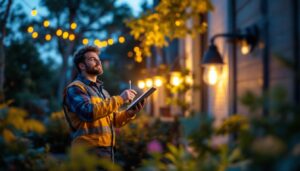 A photograph of a lighting contractor installing or inspecting solar lights in a residential or commercial outdoor setting