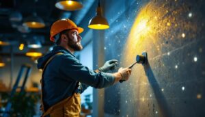 A photograph of a lighting contractor in action