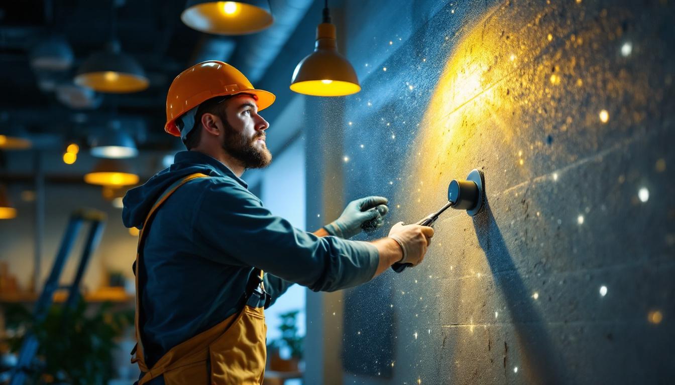 A photograph of a lighting contractor in action