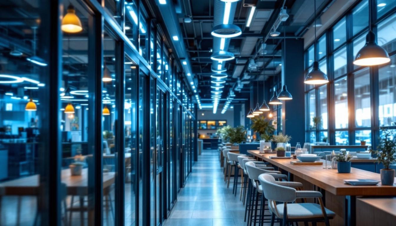 A photograph of a well-lit commercial space showcasing the cooper r10 plc 13w 64 4p lighting in action