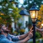 A photograph of a skilled lighting contractor installing a stylish lantern post in a beautifully landscaped outdoor setting