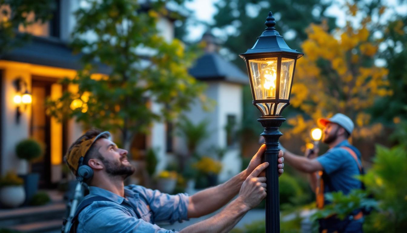 A photograph of a skilled lighting contractor installing a stylish lantern post in a beautifully landscaped outdoor setting