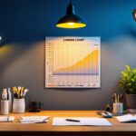 A photograph of a well-lit workspace featuring various lighting fixtures and a lumens chart prominently displayed