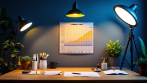 A photograph of a well-lit workspace featuring various lighting fixtures and a lumens chart prominently displayed