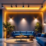 A photograph of a stylish interior space featuring ceiling led track lights that highlight various areas