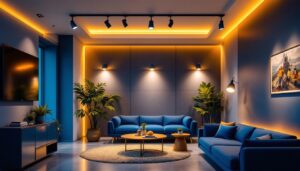 A photograph of a stylish interior space featuring ceiling led track lights that highlight various areas