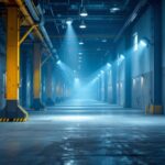 A photograph of a well-lit industrial or commercial space showcasing lithonia vapor tight fixtures in action