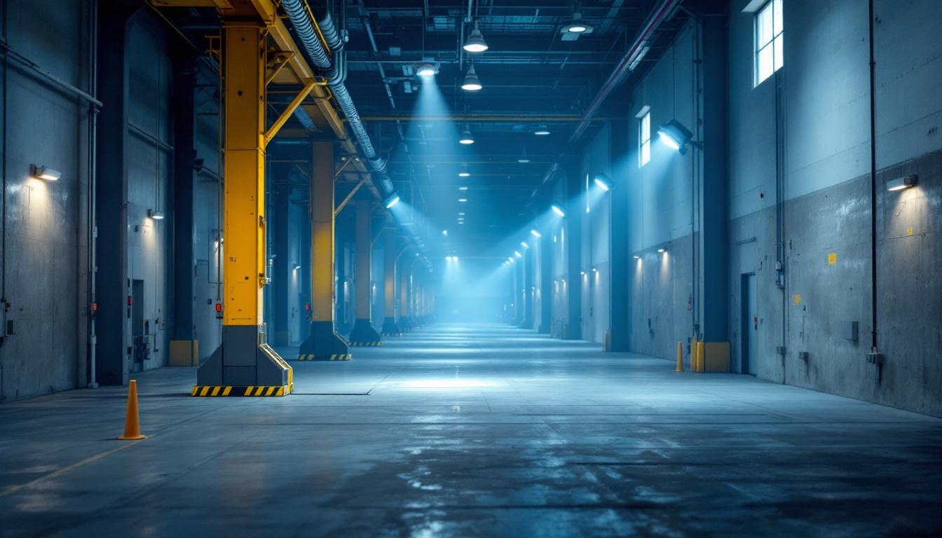 A photograph of a well-lit industrial or commercial space showcasing lithonia vapor tight fixtures in action