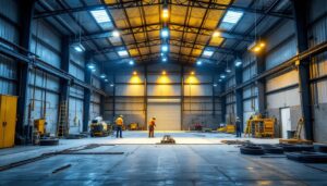 A photograph of a well-lit metal building interior showcasing various lighting installations in action