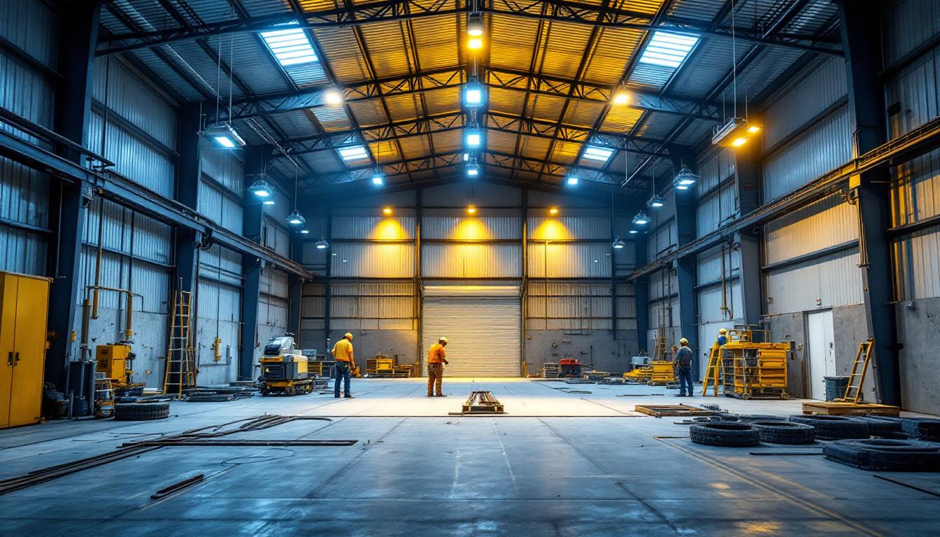 A photograph of a well-lit metal building interior showcasing various lighting installations in action