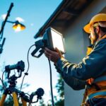 A photograph of a lighting contractor working on an installation of a 400w flood light in an outdoor setting