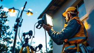 A photograph of a lighting contractor working on an installation of a 400w flood light in an outdoor setting