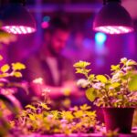 A photograph of a lighting contractor installing american-made led grow lights in a vibrant indoor garden setting
