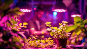 A photograph of a lighting contractor installing american-made led grow lights in a vibrant indoor garden setting