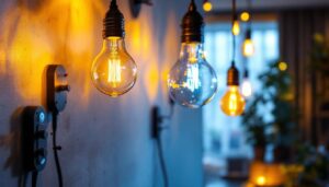 A photograph of a beautifully styled interior space featuring decorative led bulbs in various fixtures