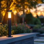 A photograph of a stylish outdoor lamp holder with an integrated outlet