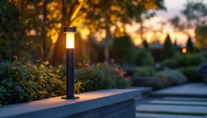 A photograph of a stylish outdoor lamp holder with an integrated outlet