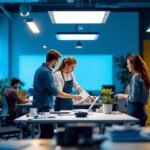 A photograph of a well-lit workspace featuring a team of professionals engaging in a hands-on training session about installing and using 2x4 led surface mount lights