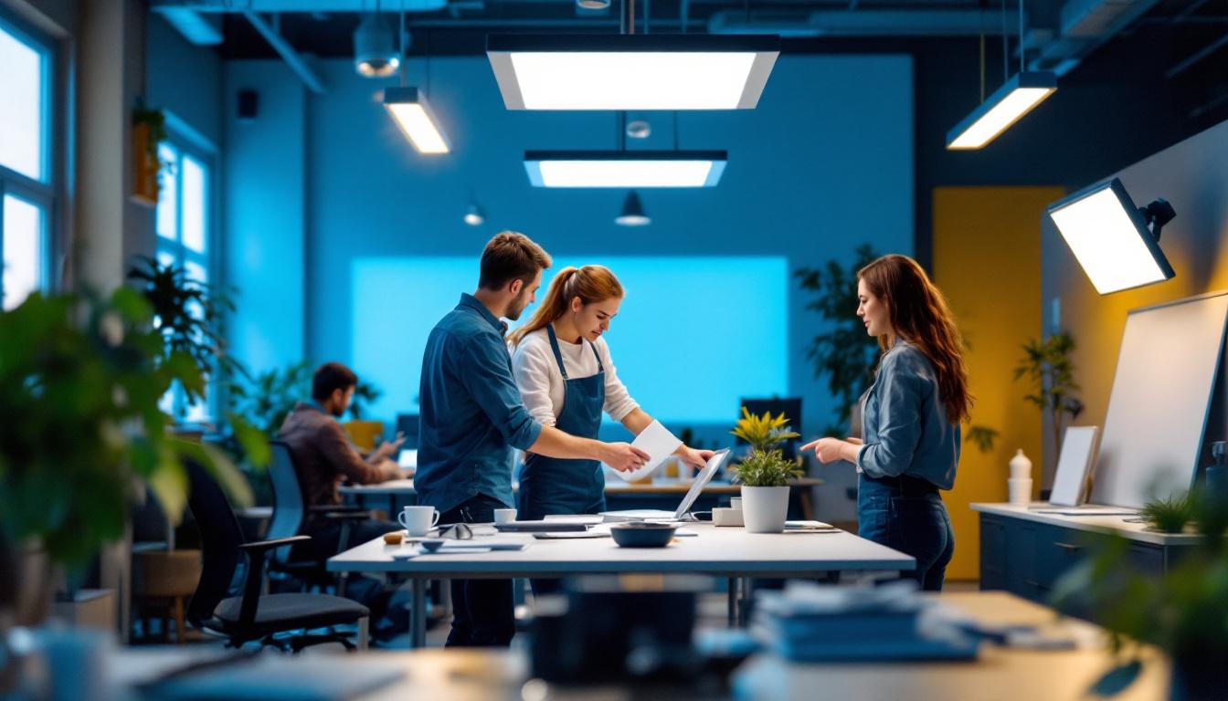 A photograph of a well-lit workspace featuring a team of professionals engaging in a hands-on training session about installing and using 2x4 led surface mount lights
