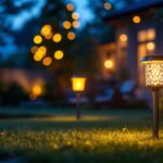 A photograph of a beautifully lit outdoor space featuring solar can lights illuminating a garden or patio area during dusk