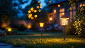 A photograph of a beautifully lit outdoor space featuring solar can lights illuminating a garden or patio area during dusk