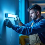 A photograph of a professional lighting contractor installing an adjustable led light strip in a stylish interior setting