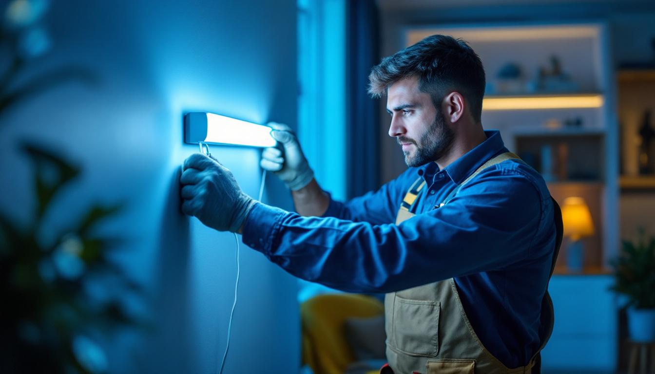 A photograph of a professional lighting contractor installing an adjustable led light strip in a stylish interior setting