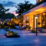 A photograph of a modern outdoor space illuminated by stylish solar lamps