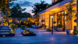 A photograph of a modern outdoor space illuminated by stylish solar lamps