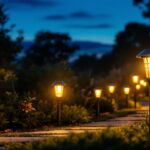 A photograph of a beautifully illuminated outdoor landscape featuring high-quality solar landscape lights