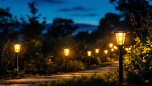 A photograph of a beautifully illuminated outdoor landscape featuring high-quality solar landscape lights