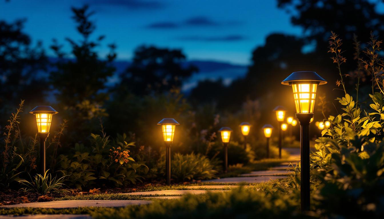 A photograph of a beautifully illuminated outdoor landscape featuring high-quality solar landscape lights