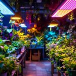 A photograph of a vibrant indoor garden showcasing various plants illuminated by colorful led grow lights