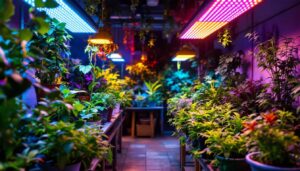 A photograph of a vibrant indoor garden showcasing various plants illuminated by colorful led grow lights