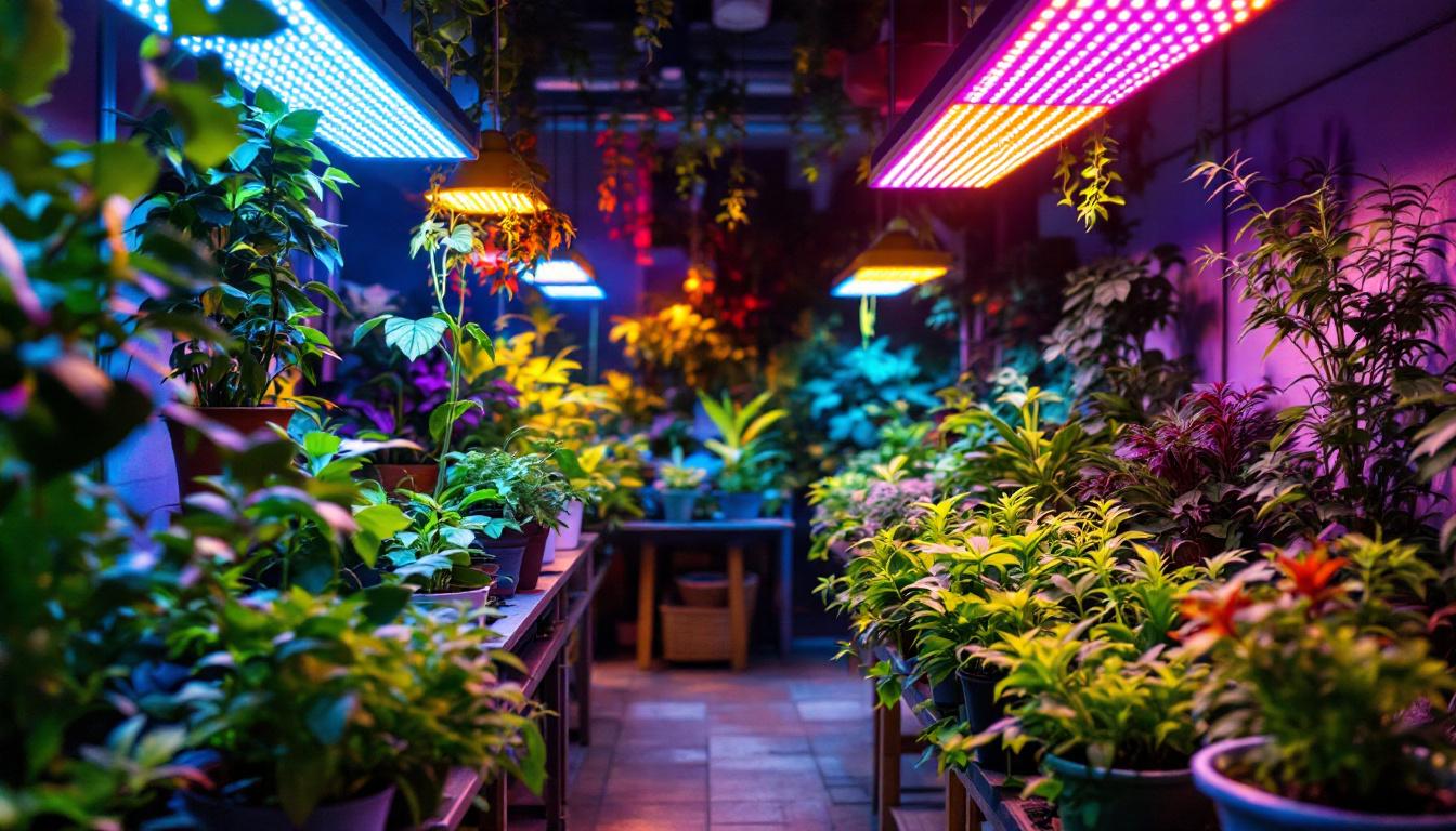 A photograph of a vibrant indoor garden showcasing various plants illuminated by colorful led grow lights