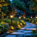 A photograph of a well-lit garden showcasing a variety of decorative garden lights