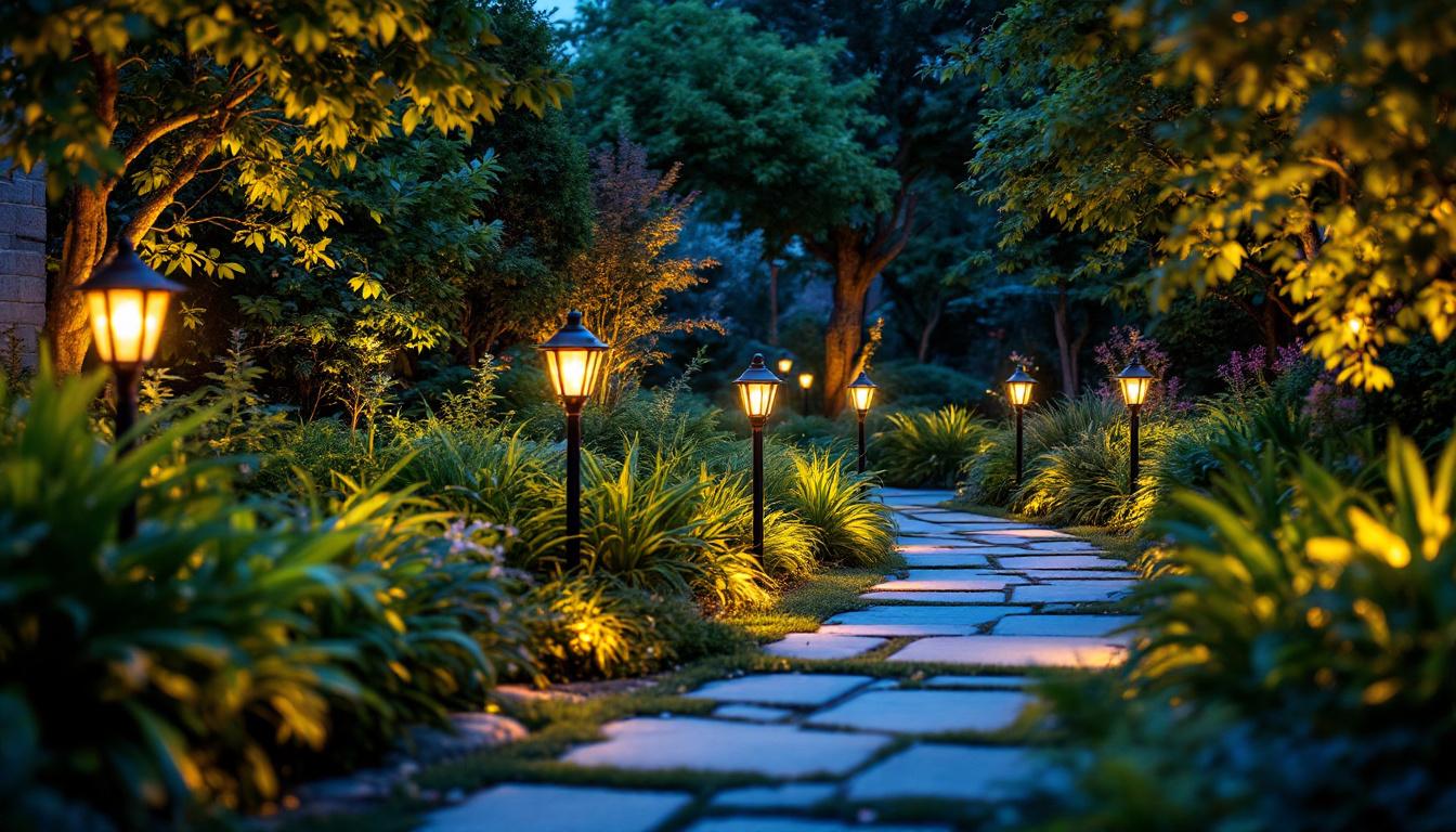 A photograph of a well-lit garden showcasing a variety of decorative garden lights
