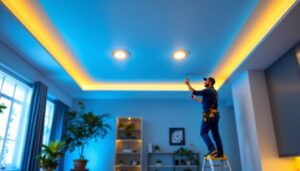 A photograph of a brightly lit room showcasing modern retrofit led recessed lights installed in the ceiling