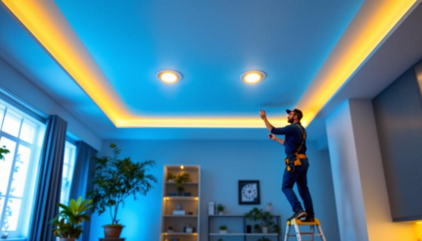 A photograph of a brightly lit room showcasing modern retrofit led recessed lights installed in the ceiling