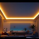 A photograph of a well-lit interior space showcasing a modern 5-inch can light trim installed in a stylish ceiling